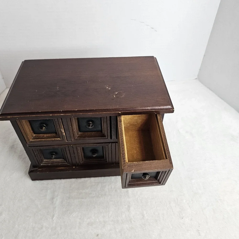 Vintage Wood 4 Drawer Tabletop Armoire/Dresser Style Jewelry Music Box